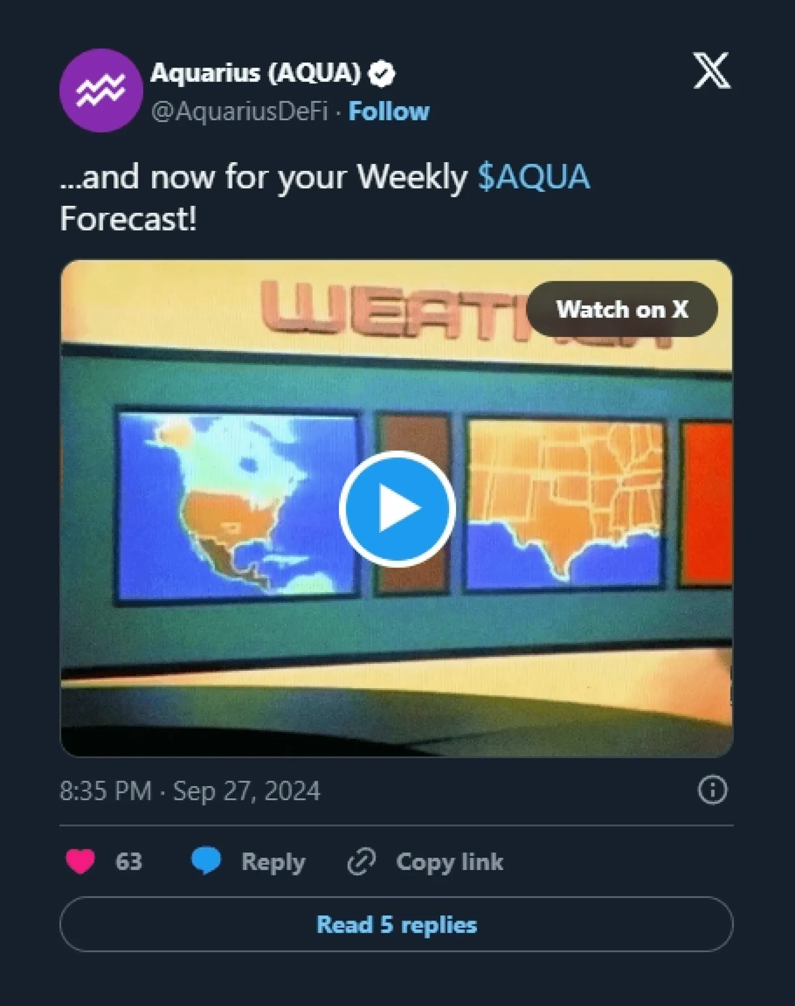 Before MOIC: the previous agency's 'Weekly $AQUA Forecast' video, Sep 27, 2024