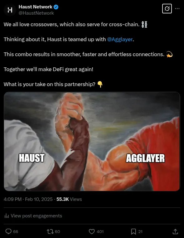 Haust x AggLayer partnership meme, Feb 10, 2025: 55.3K views