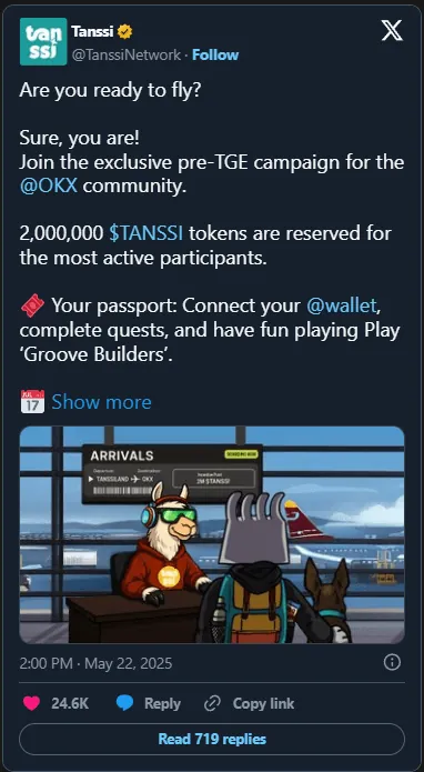 Tanssi's pre-TGE campaign post for the OKX community, May 22, 2025