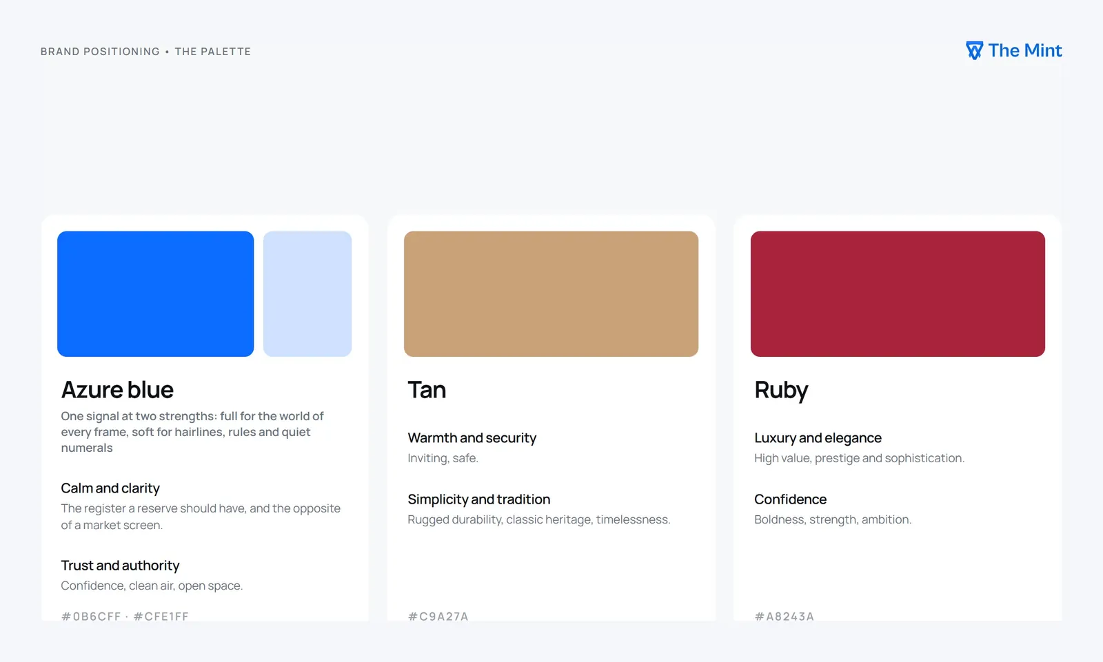 The palette: azure blue, tan and ruby