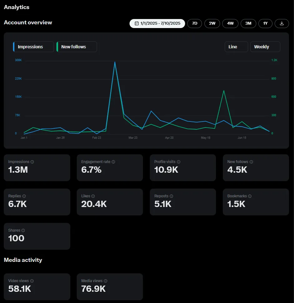 X account overview, January 1 to July 10, 2025