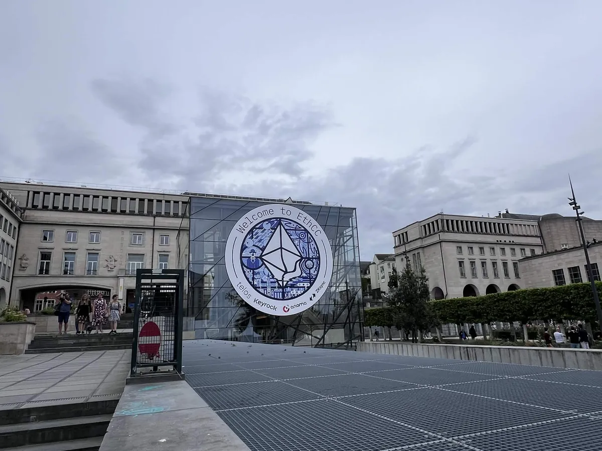 The EthCC emblem in a Brussels square during EthCC 2024